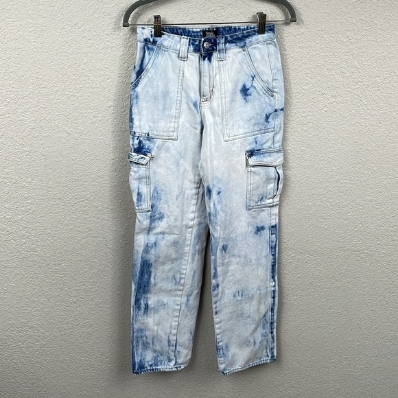 Simple Society Baggy High Rise Cargo Utility Jeans Bleach Wash Sz 3 26 - Picture 1 of 12